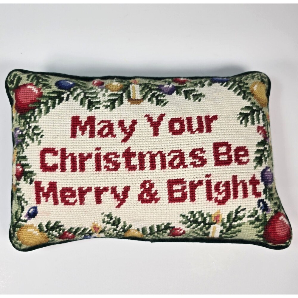 Vintage Needlepoint Christmas Pillow May Your Christmas Be Merry Bright Velvet